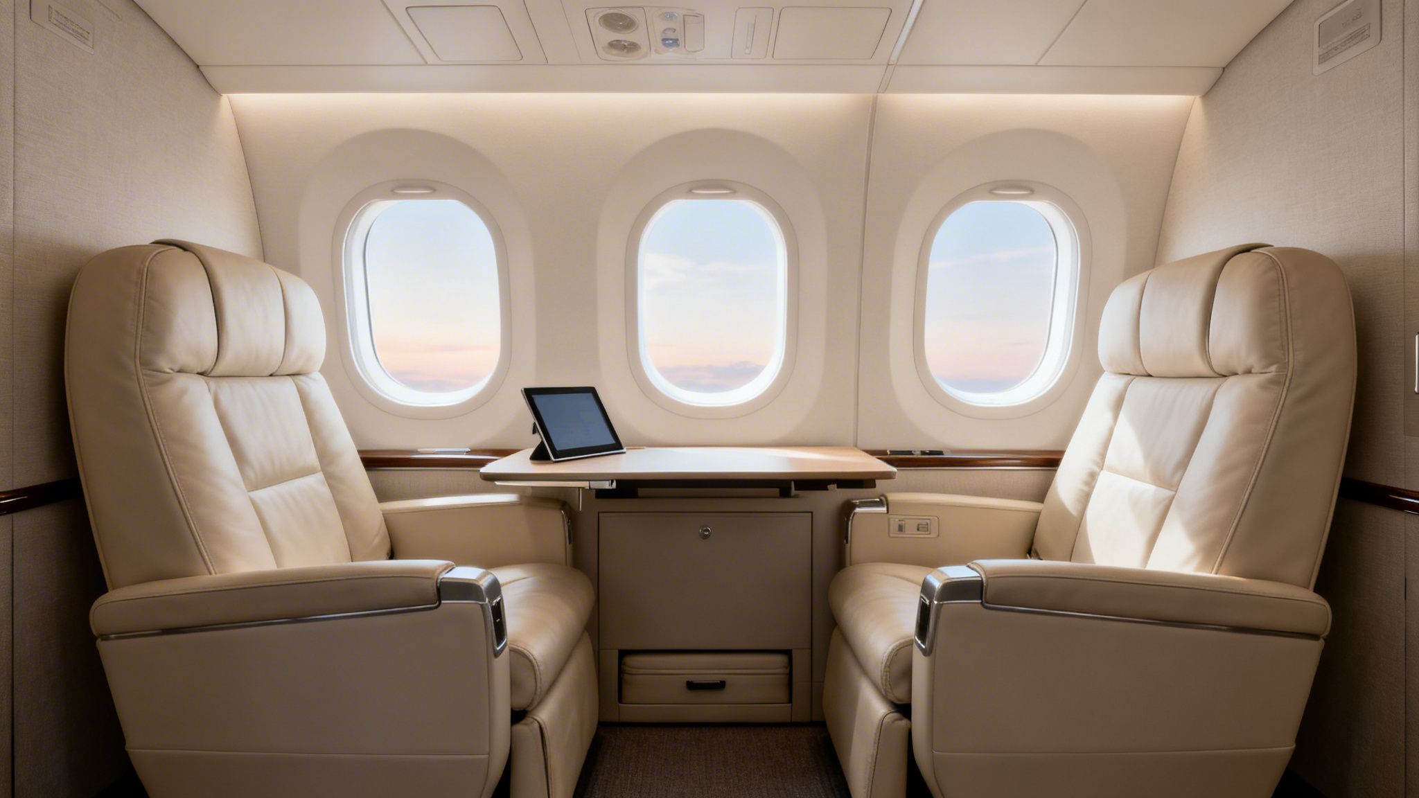 Luxurious private jet interior with two beige leather seats, a wooden table, and three windows showcasing the sky.