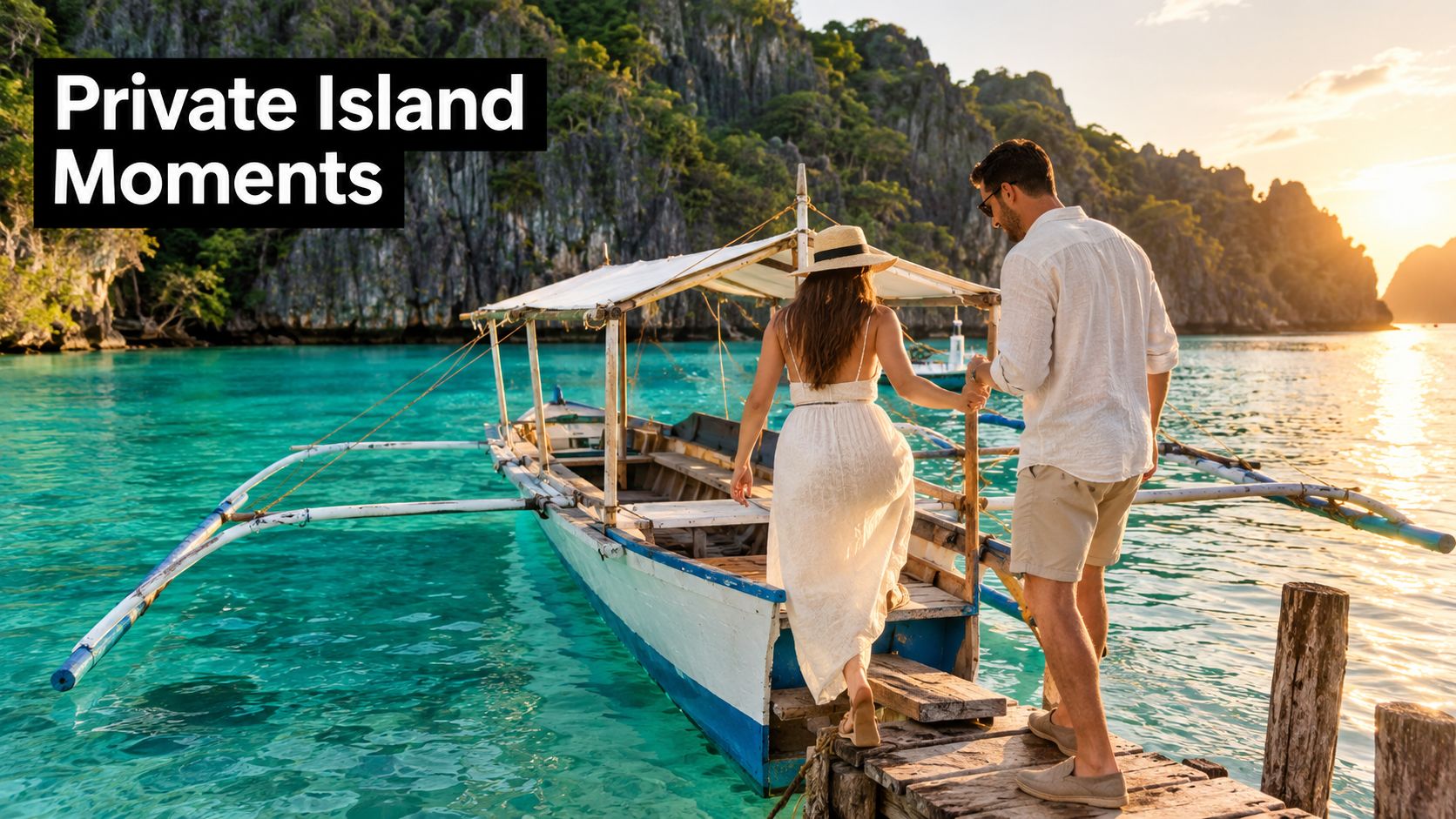 A romantic couple boarding a traditional wooden outrigger boat on a scenic tropical island at sunset.