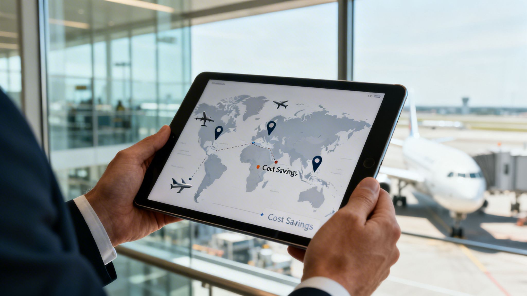 A business person holds a tablet showing a world map with flight routes, cost savings, and an airport in the background.