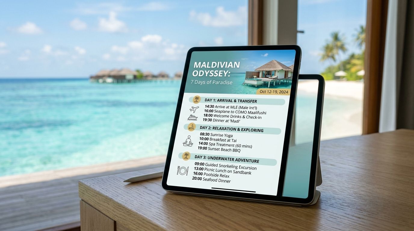 A digital itinerary for a Maldives trip displayed on a tablet resting on a wooden desk.