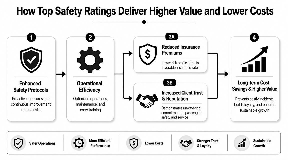 A flowchart diagram showing how enhanced safety protocols lead to operational efficiency, lower insurance costs, and sustainable growth.