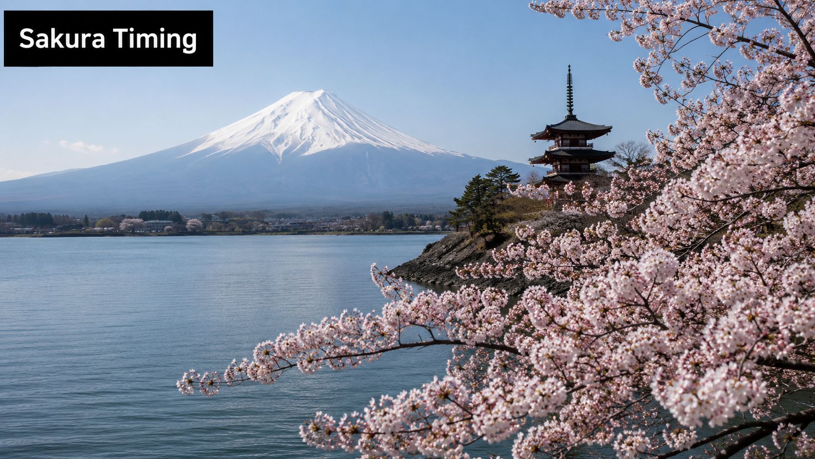 A scenic view of Mount Fuji behind a traditional Japanese pagoda surrounded by beautiful pink cherry blossoms.