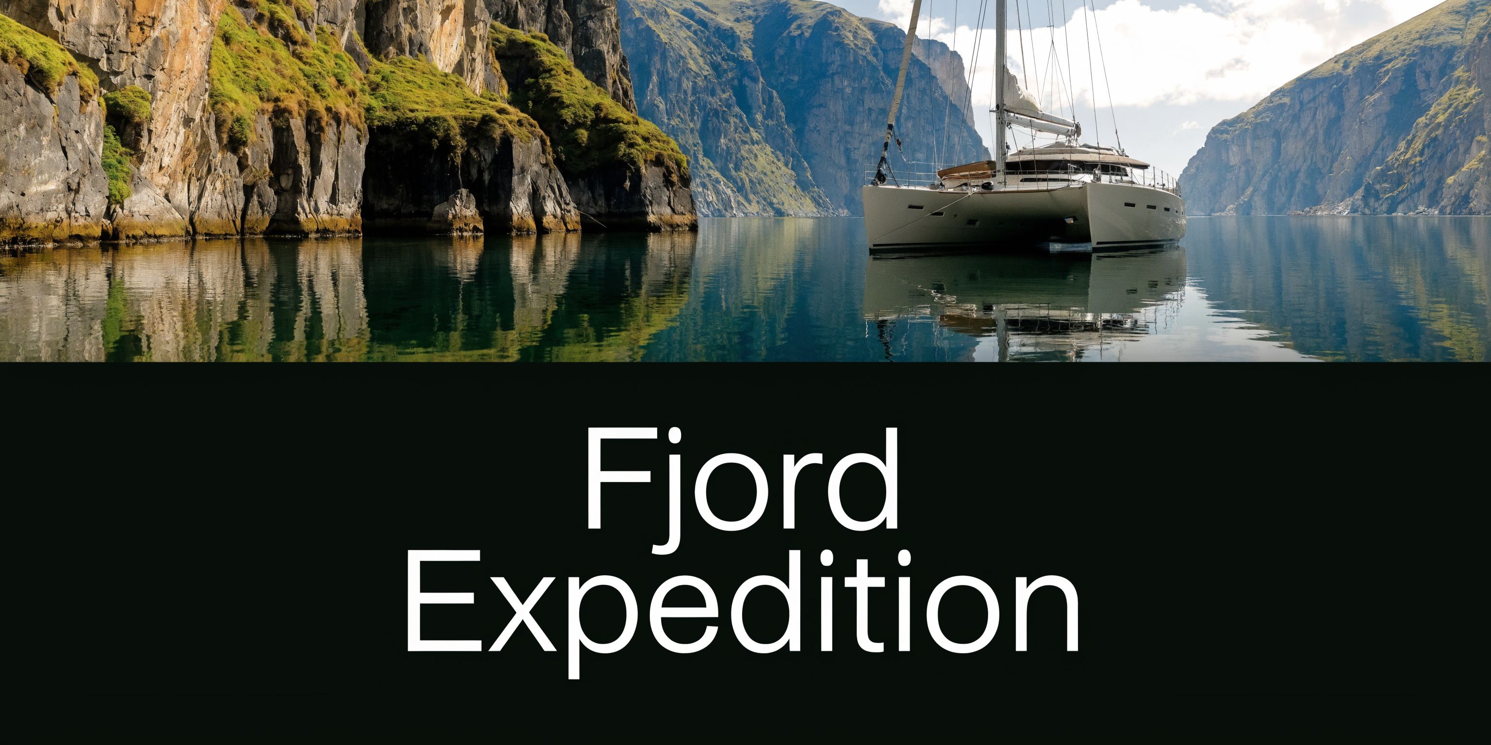 Private catamaran expedition through Patagonia fjords — navigating calm blue waters between mossy cliff walls