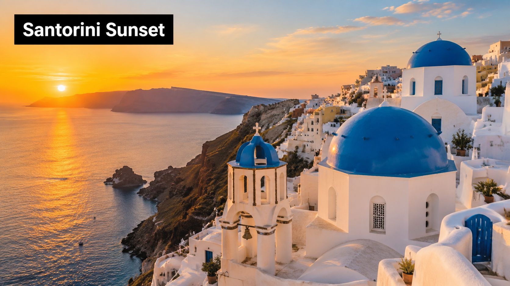 Iconic blue-domed churches overlook the Aegean Sea during a stunning golden sunset in Oia, Santorini, Greece.