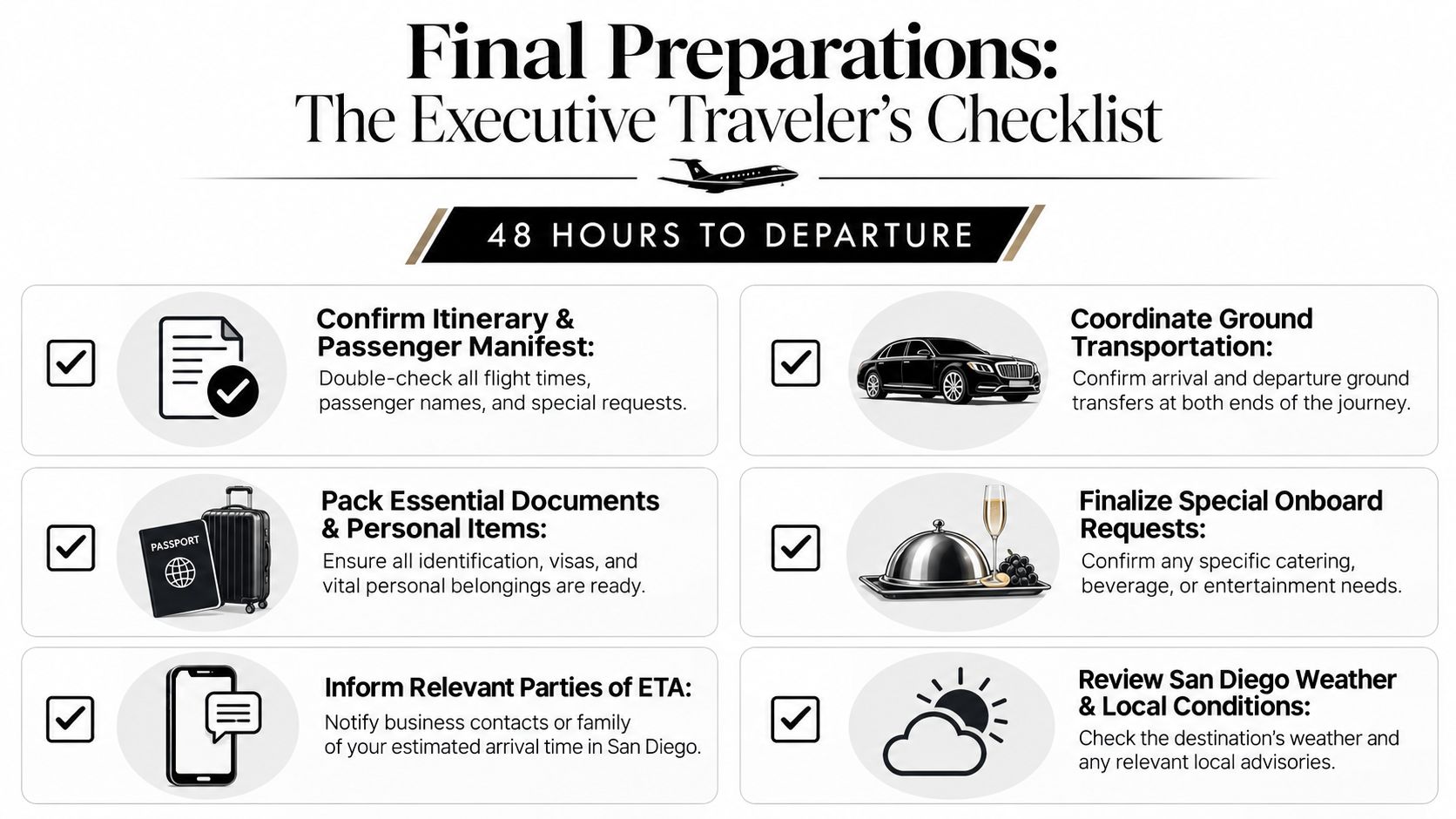 A travel checklist for executive flights to San Diego displayed as an organized 48-hour pre-departure guide.