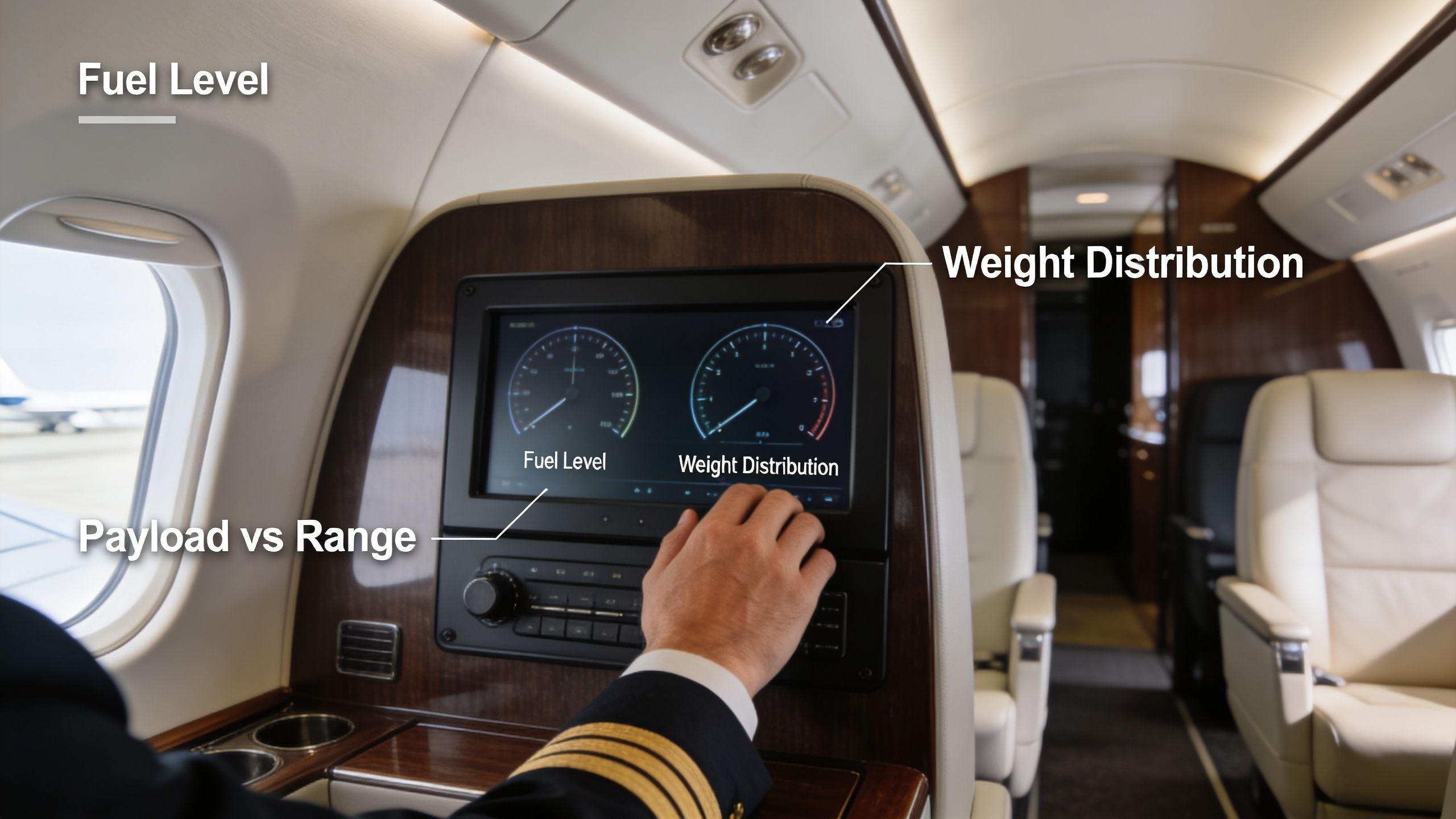 A pilot interacts with an aircraft cockpit display showing fuel levels and weight distribution parameters.