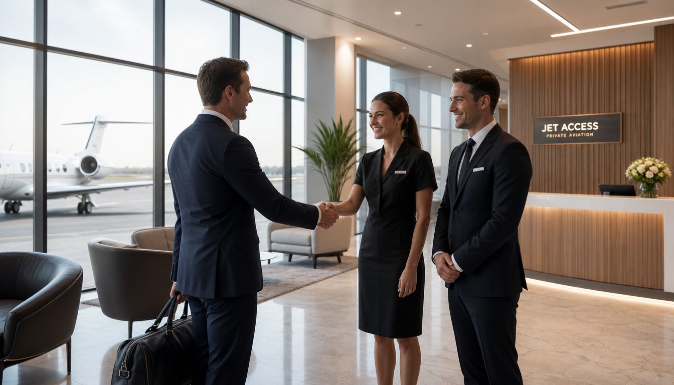 A professional man shaking hands with a staff member at a luxury private aviation lounge.