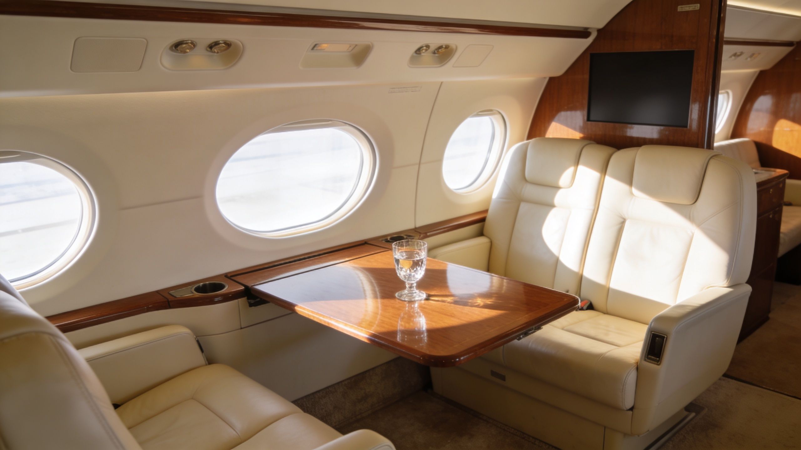 Luxurious interior of a private jet cabin with beige leather seats and a polished wooden table.