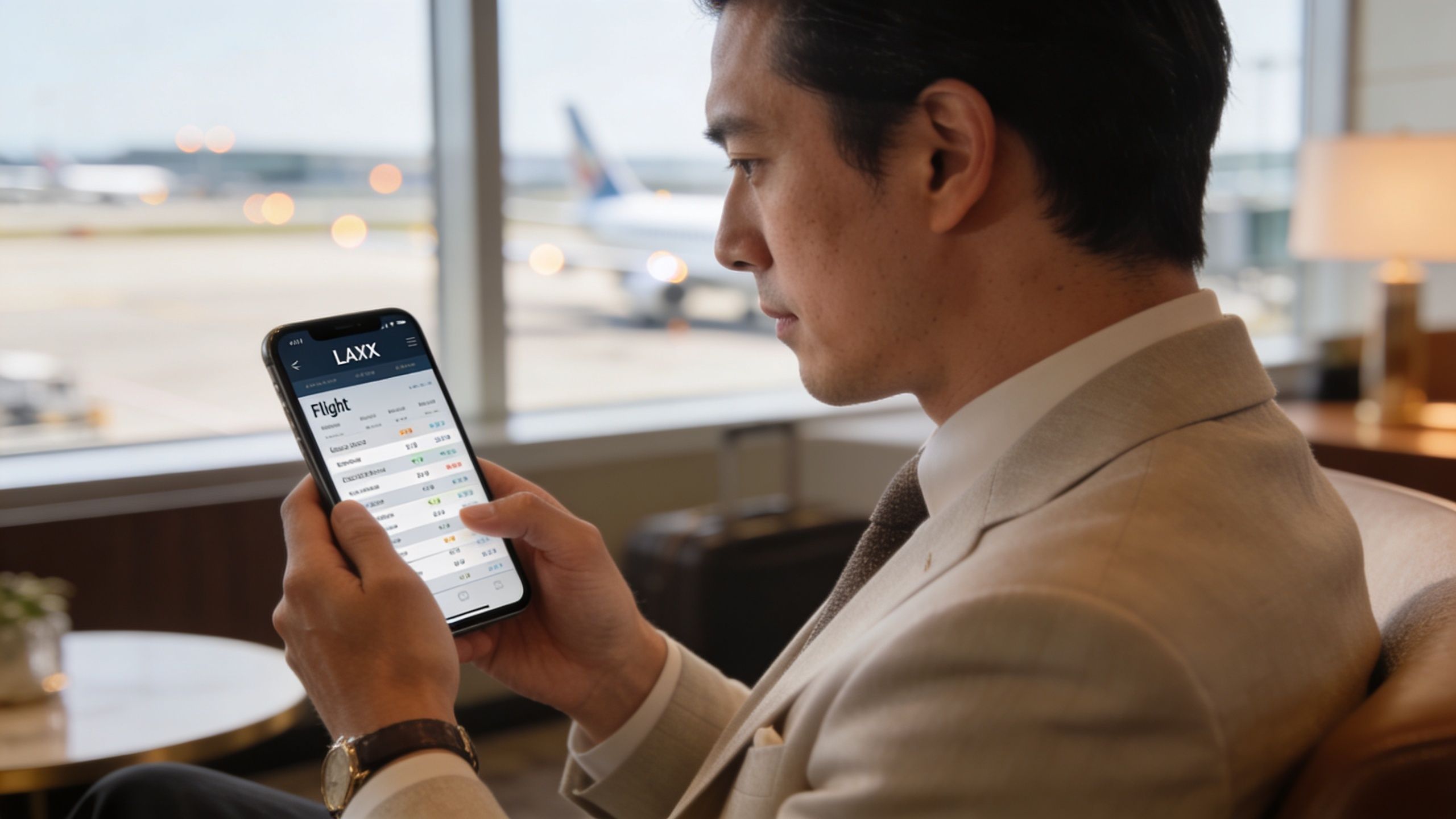 A professional man checking flight information on his smartphone while sitting in an airport lounge.