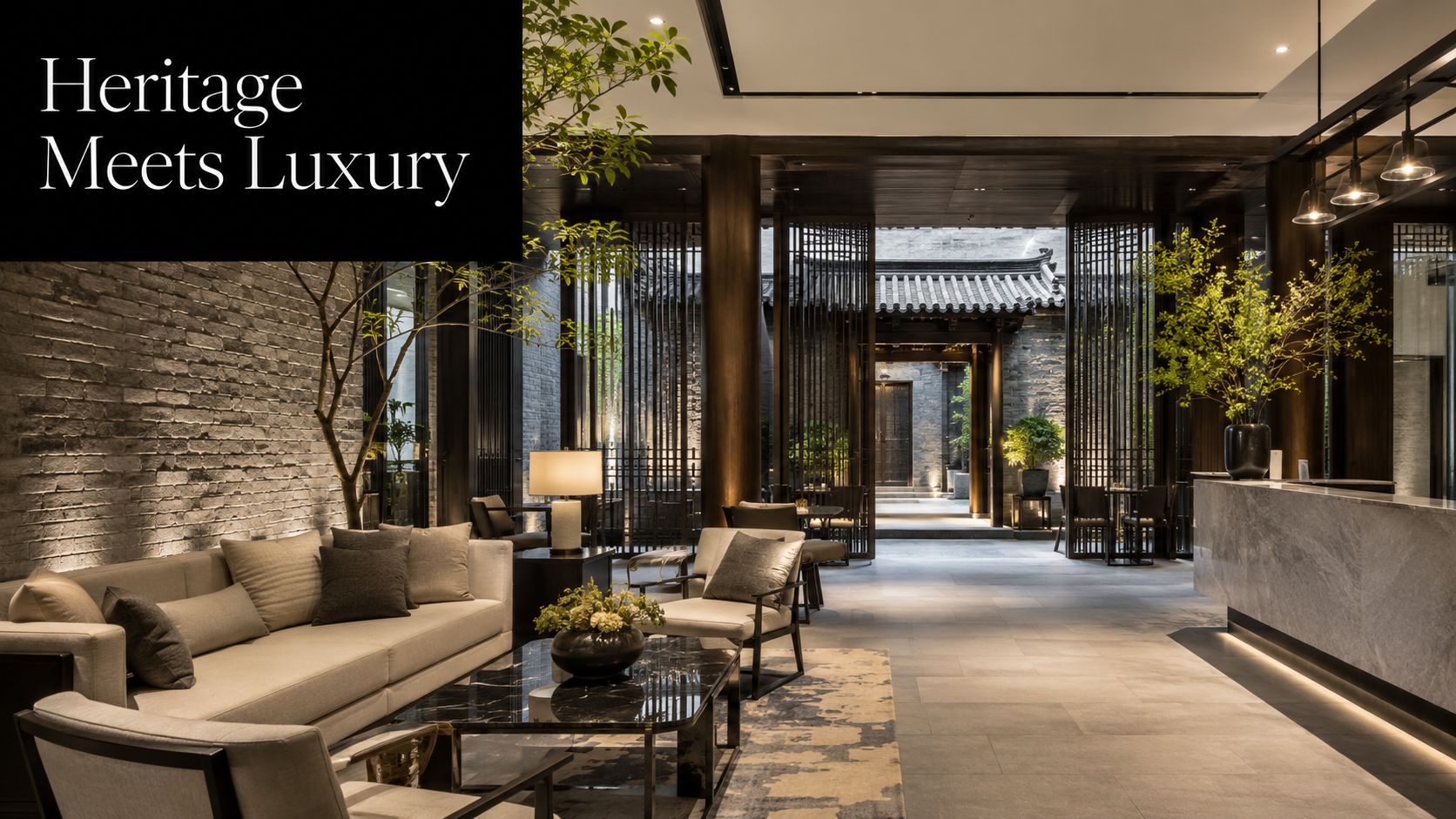 A sophisticated lobby interior blending traditional Chinese architectural elements with contemporary luxury furniture and soft lighting.