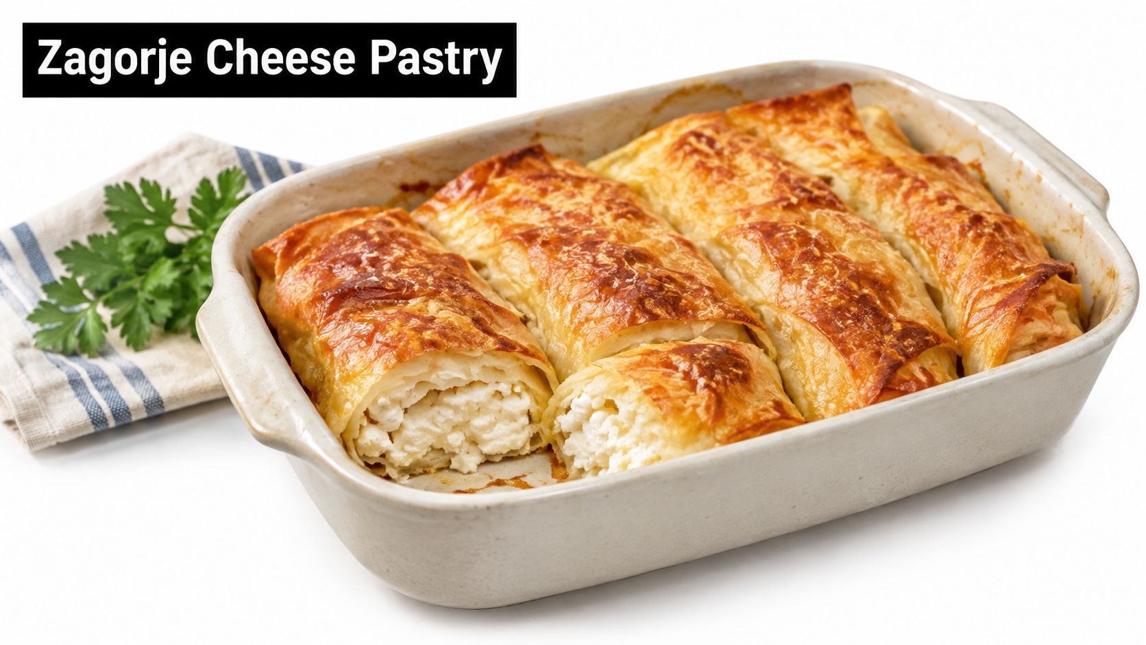 A casserole dish containing baked Zagorje cheese pastry rolls, with a sprig of parsley on the side.