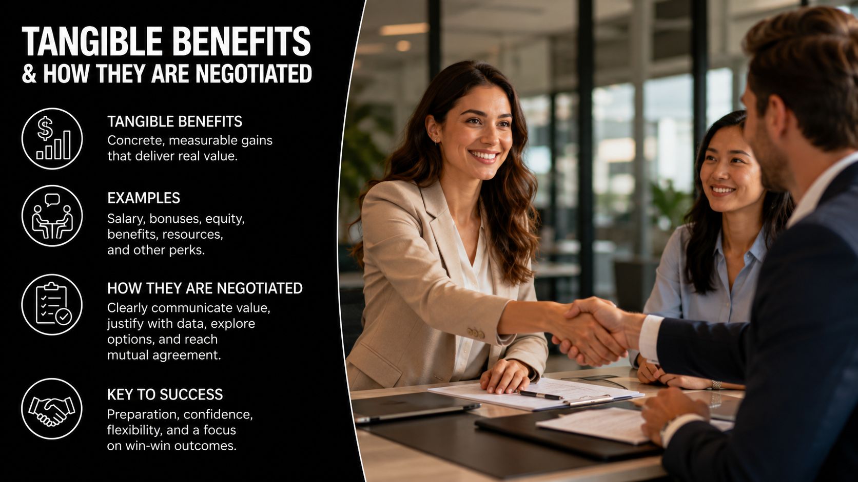 A professional woman shakes hands with a man during a business negotiation while her colleague smiles happily.