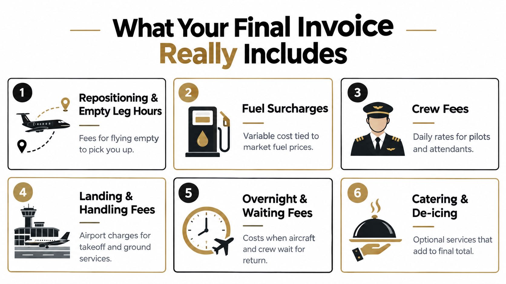 An infographic detailing six hidden costs often included in the final invoice for private jet charter flights.