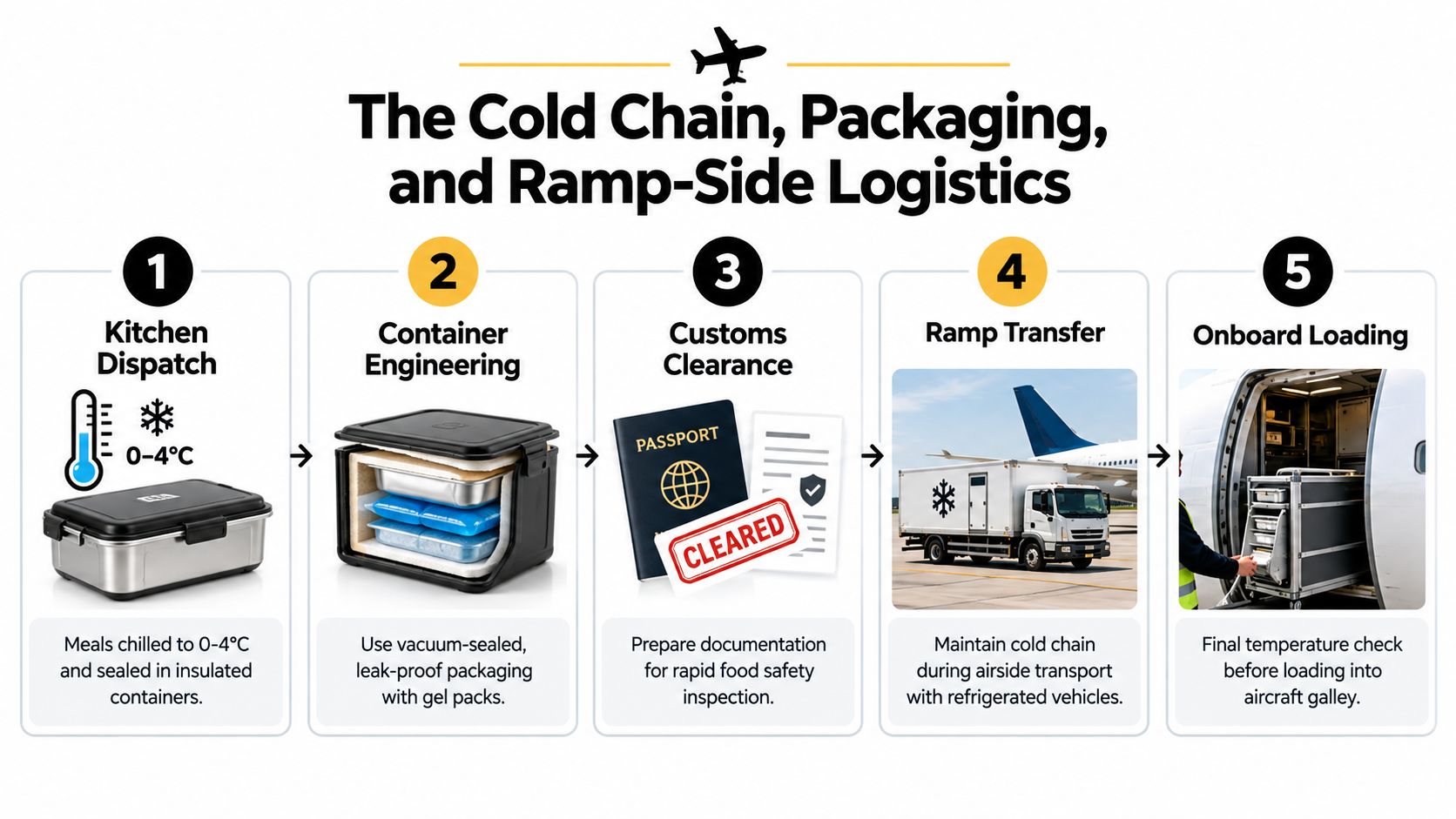 A five-step infographic illustrating the cold chain, packaging, and logistics process for aircraft catering services.