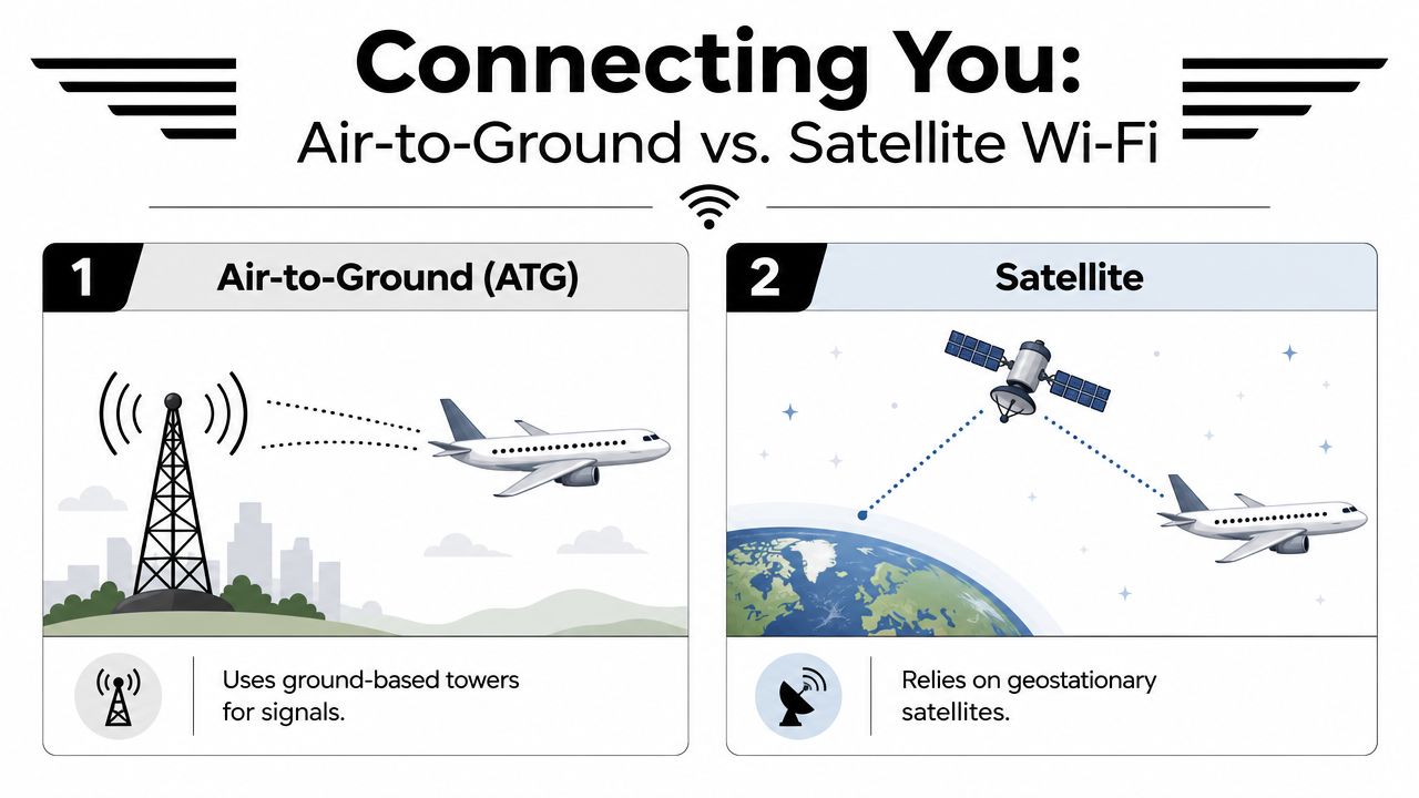 An infographic comparing air-to-ground and satellite Wi-Fi systems used for internet connectivity on airplanes.