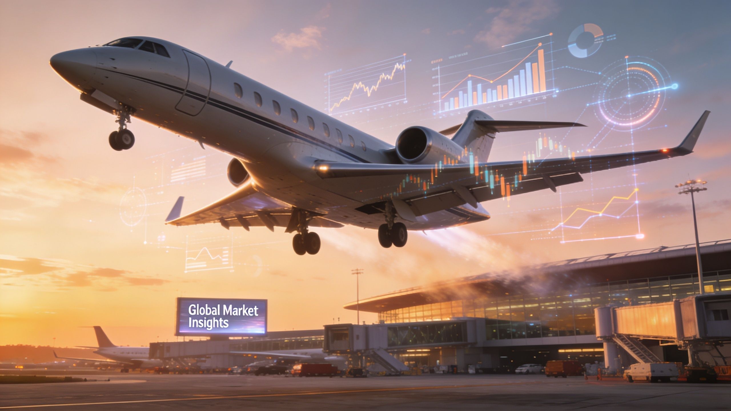 A luxurious private jet taking off from an airport at sunset with digital market charts overlaid.