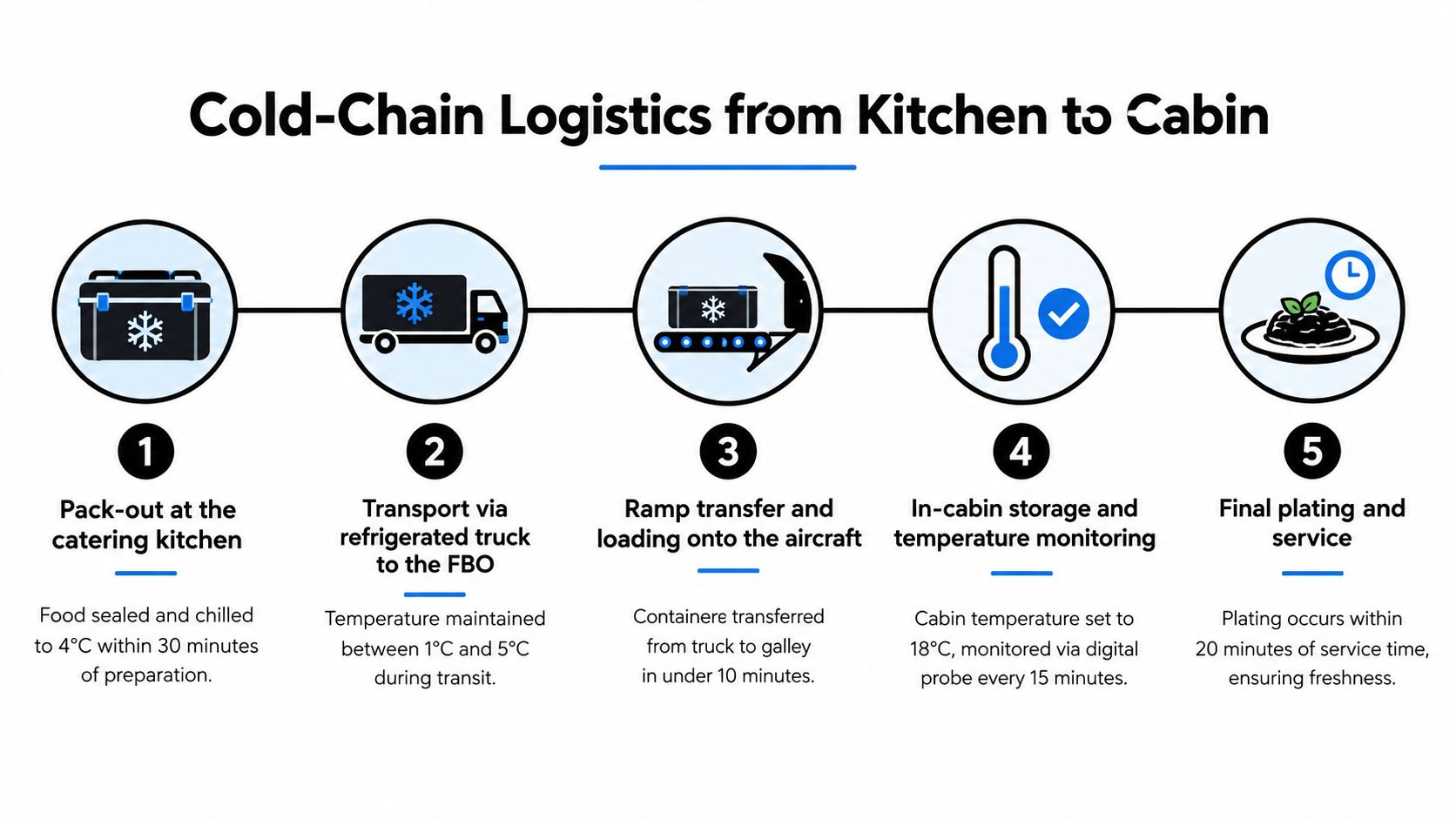 An infographic detailing the five-step cold-chain logistics process for transporting food from kitchen to aircraft cabin.