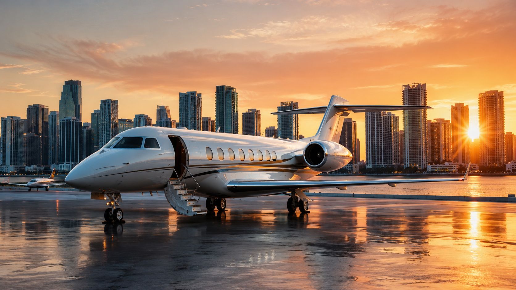 A luxurious private jet parked on a wet runway against the scenic Miami city skyline at sunset.