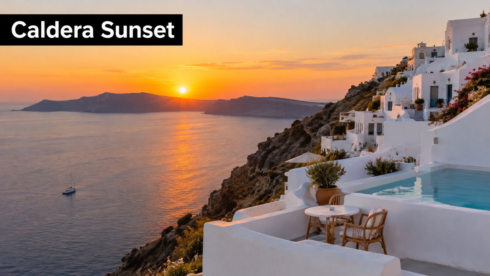 A luxurious Santorini terrace with a private pool overlooking the caldera at a golden sunset.