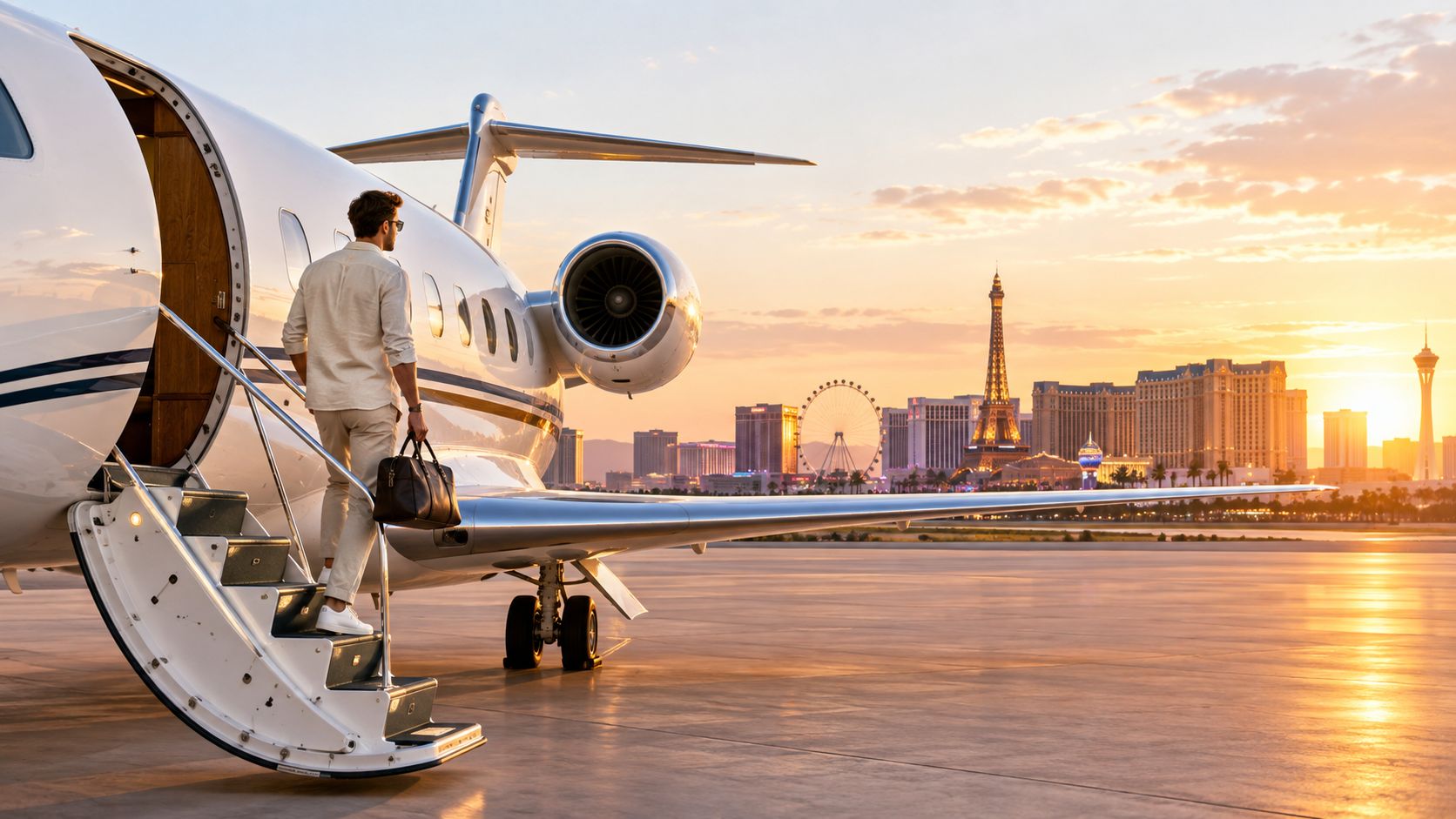 A man boarding a luxury private jet during a golden sunset overlooking the Las Vegas skyline.
