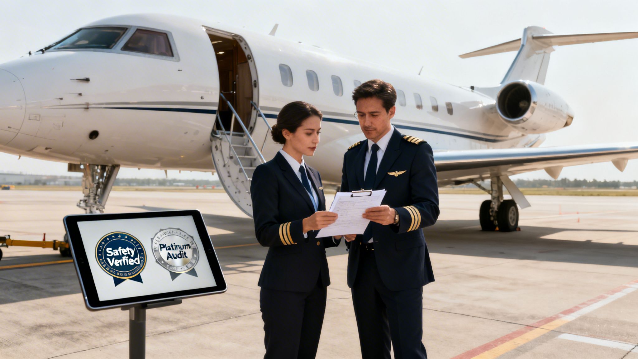 Two pilots review documents on a tarmac next to a private jet with a digital display showing safety certifications.