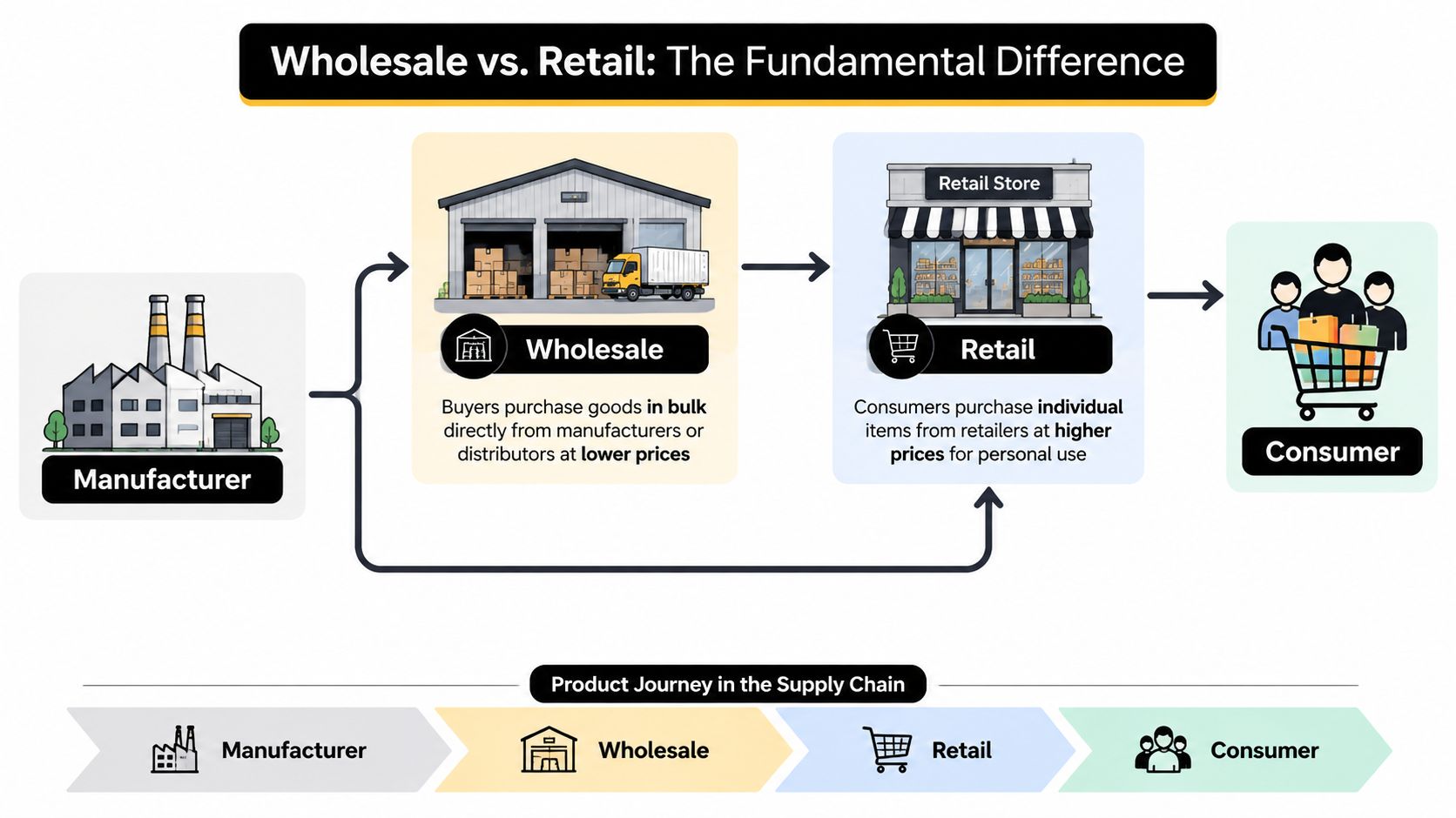 A diagram illustrating the supply chain process from manufacturer to wholesaler, retailer, and finally the consumer.