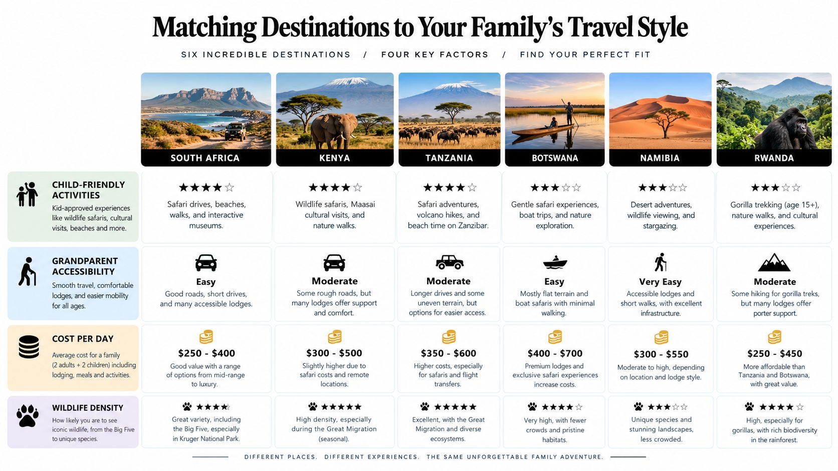 A comparison chart matching African travel destinations like South Africa, Kenya, and Tanzania to family preferences.