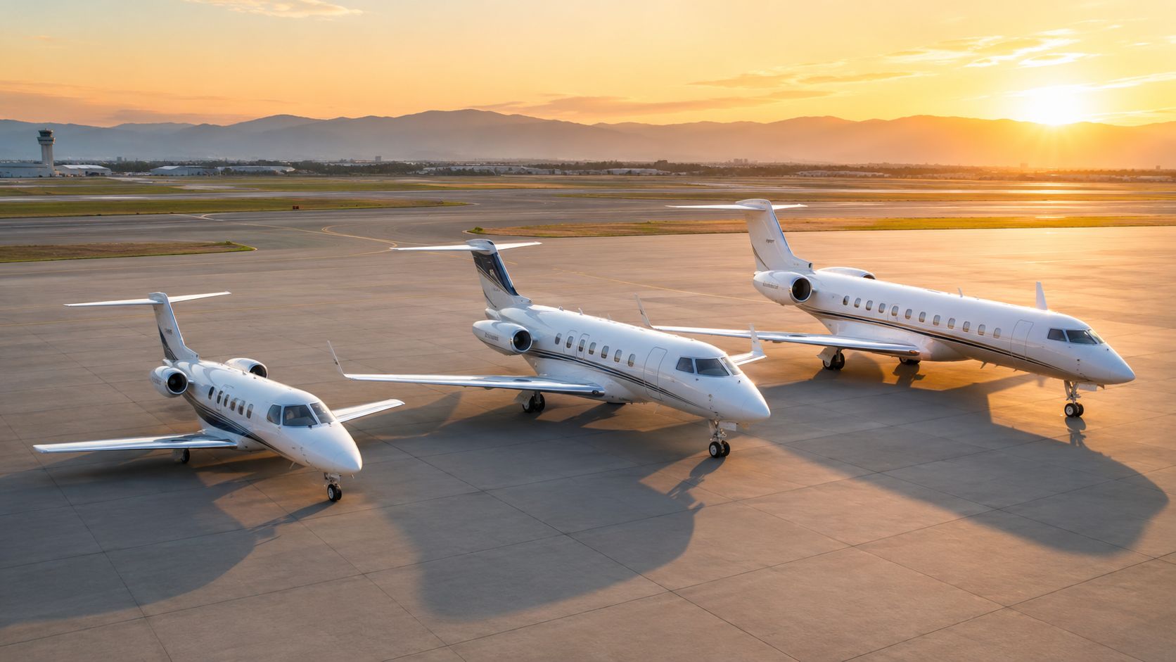 Three white private jet airplanes parked on an airport tarmac during a beautiful golden hour sunset.