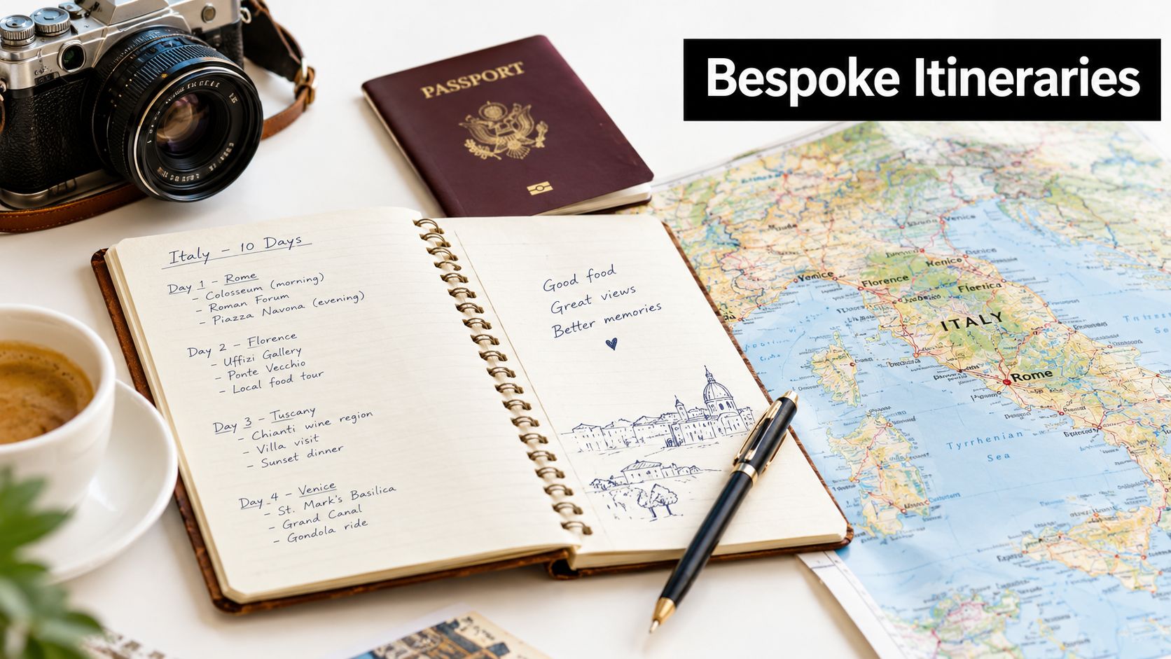 A travel planning scene with a passport, a map of Italy, a notebook, and a camera.