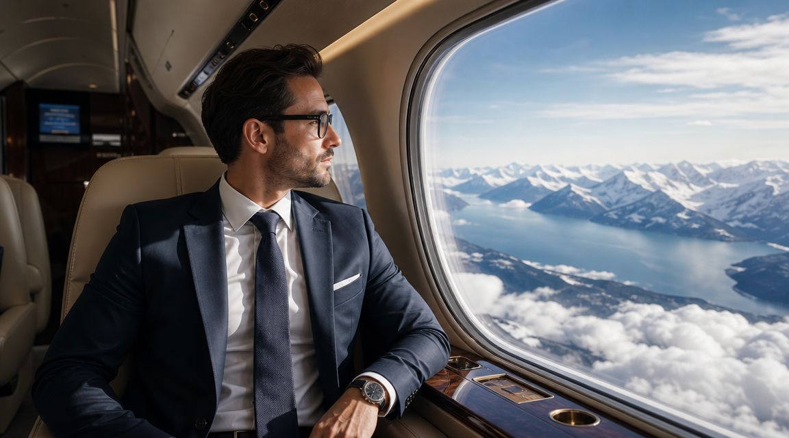 A well-dressed man in a suit looking out the window of a private jet over snowy mountains.