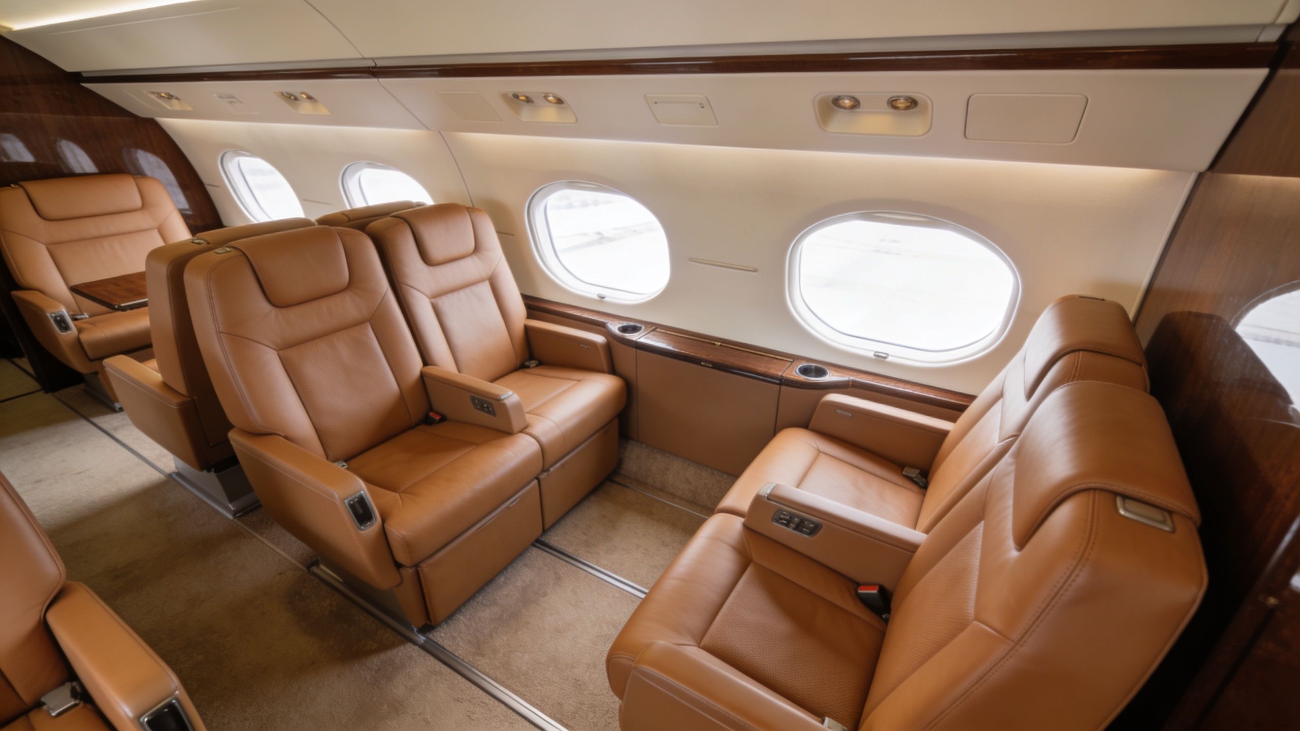 Luxurious tan leather seats inside the cabin of a private Cessna Citation Sovereign business jet aircraft.