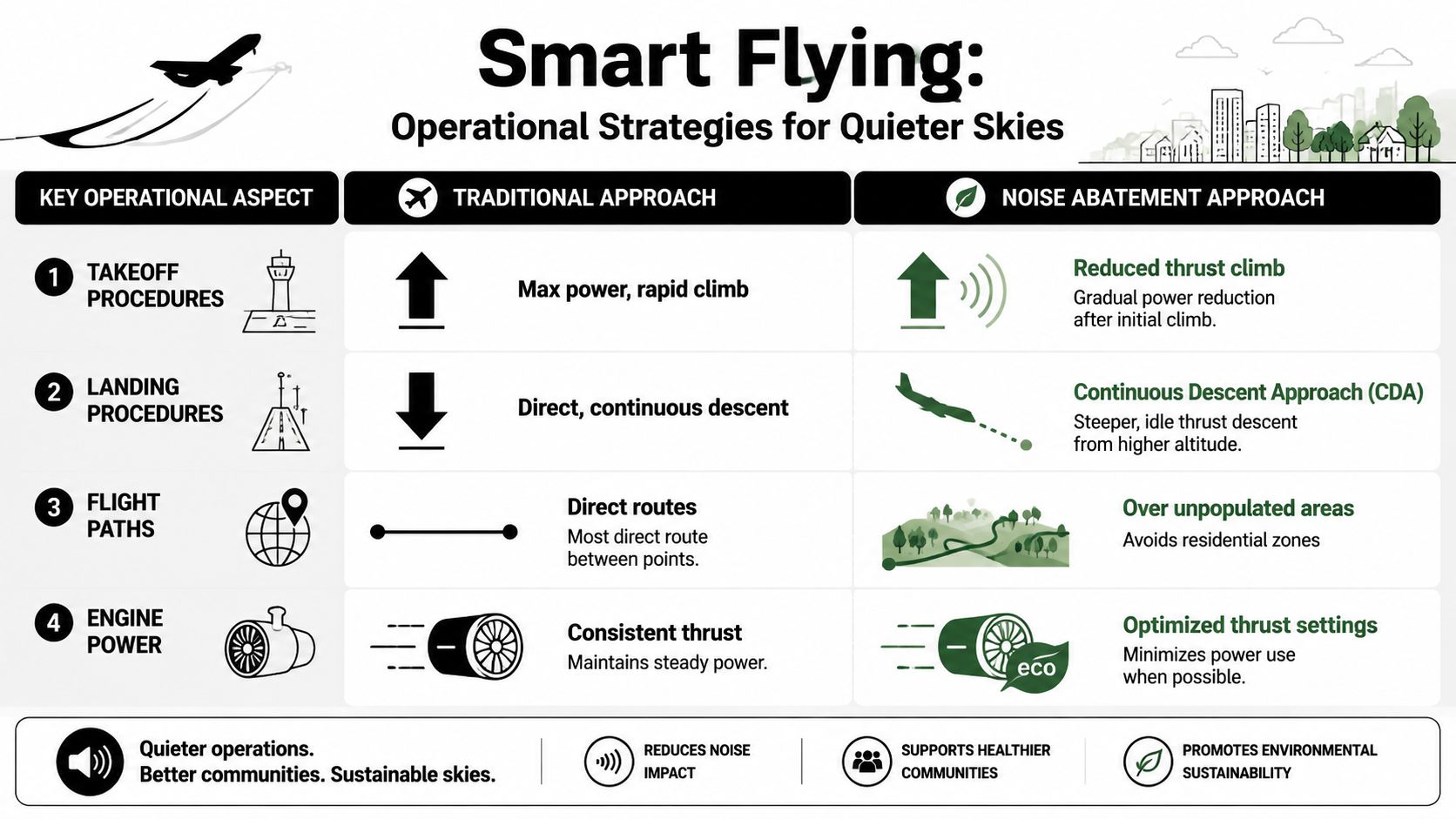 An infographic illustrating operational strategies like climb reduction and continuous descent to minimize aircraft noise for communities.