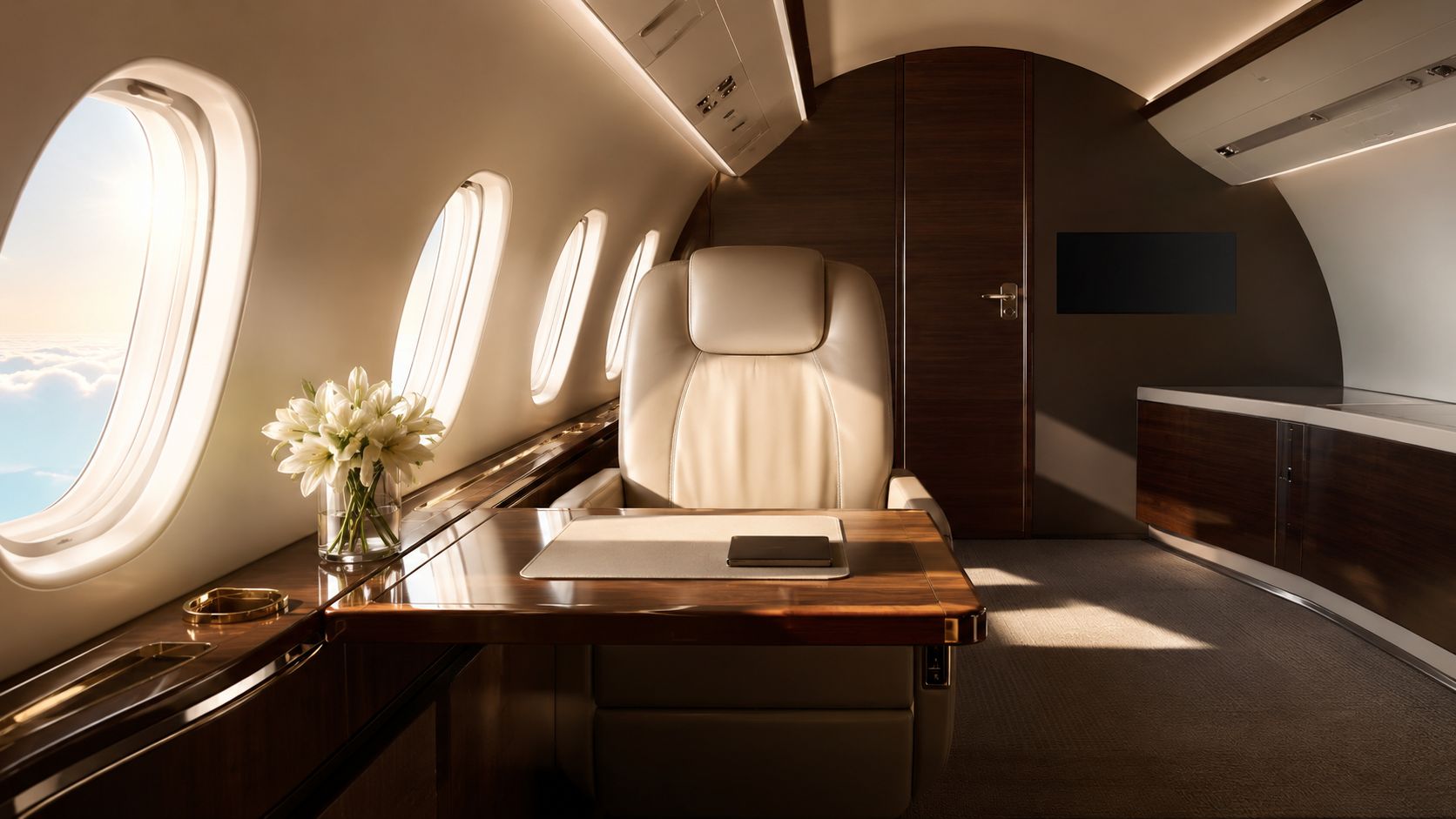 A luxurious and modern private jet cabin interior featuring a leather seat, wooden table, and window view.