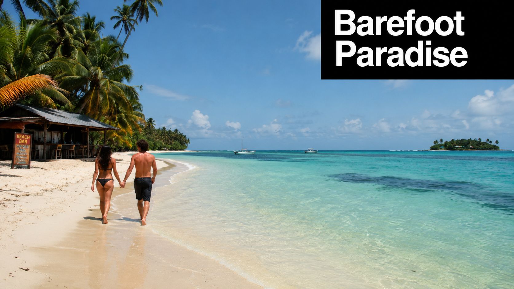 A couple walks hand in hand along a tranquil tropical beach with clear turquoise water and palms.