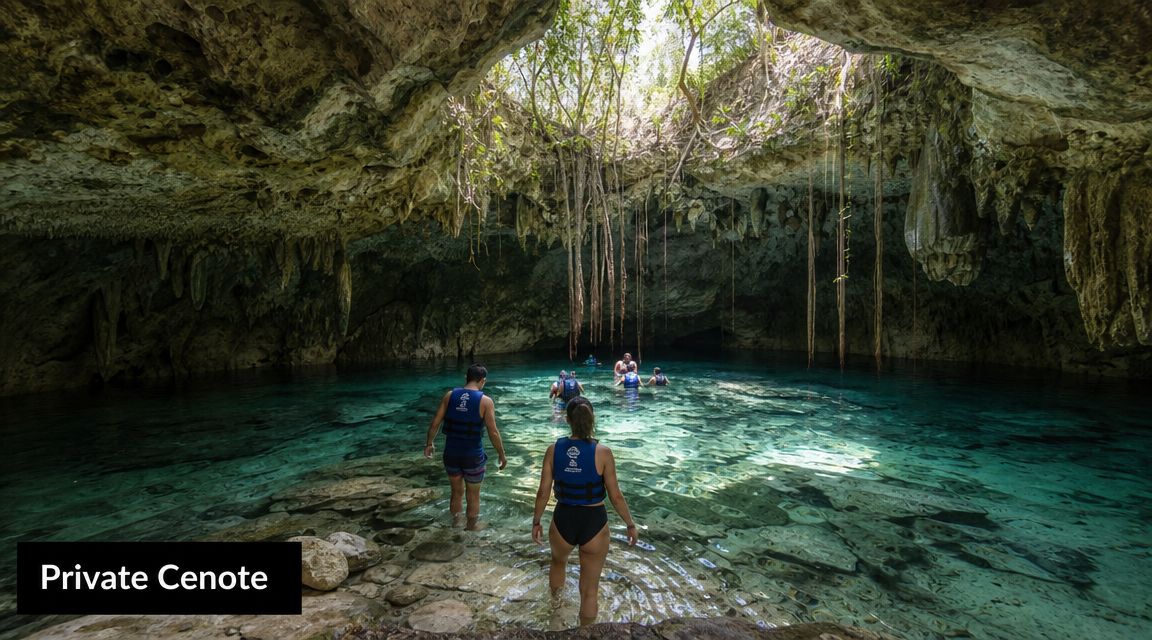 A group of people wearing life vests wading in the clear turquoise waters of a Mexican cenote.