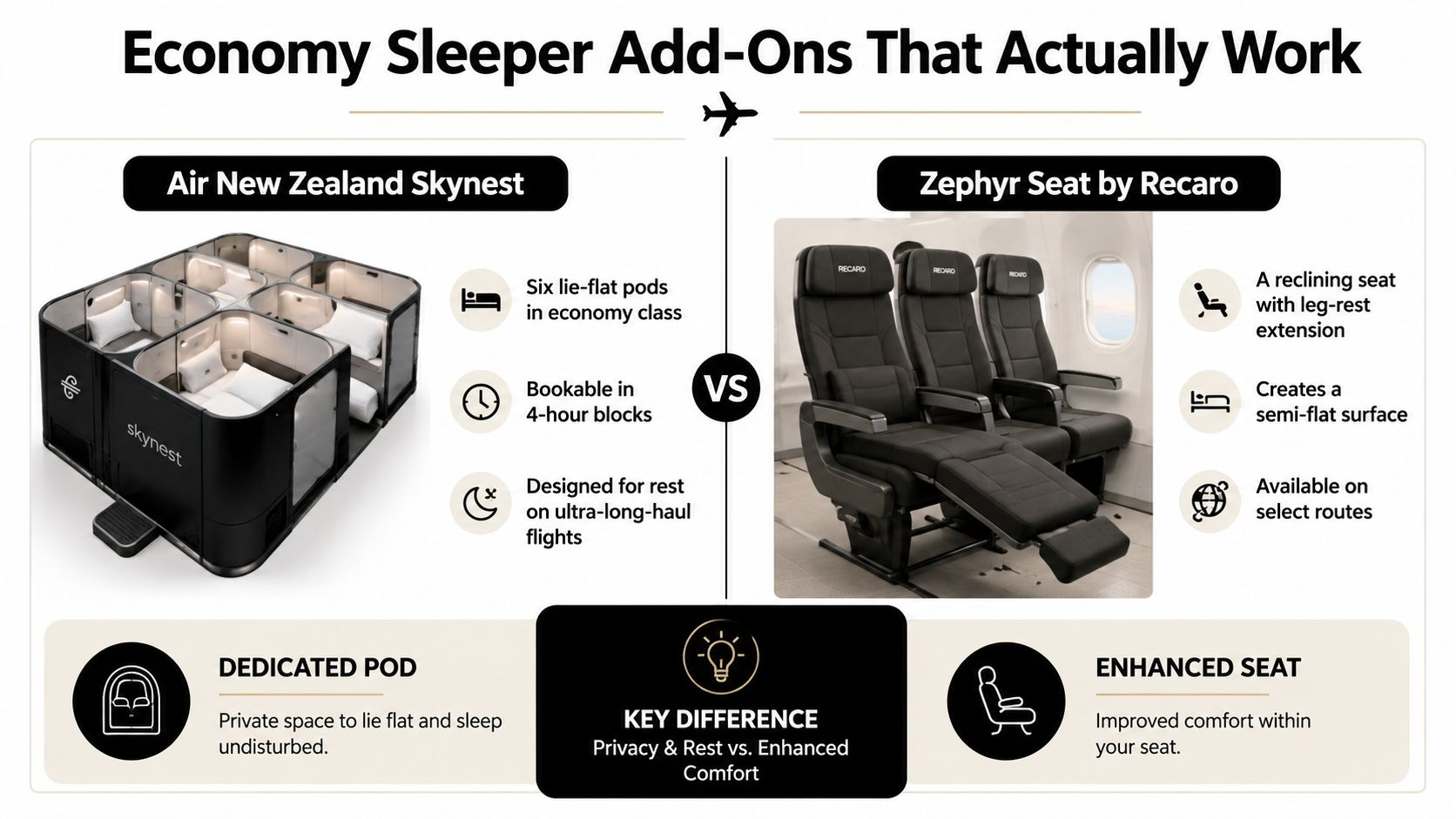A comparison graphic between Air New Zealand Skynest lie-flat pods and Recaro Zephyr reclining economy class seats.
