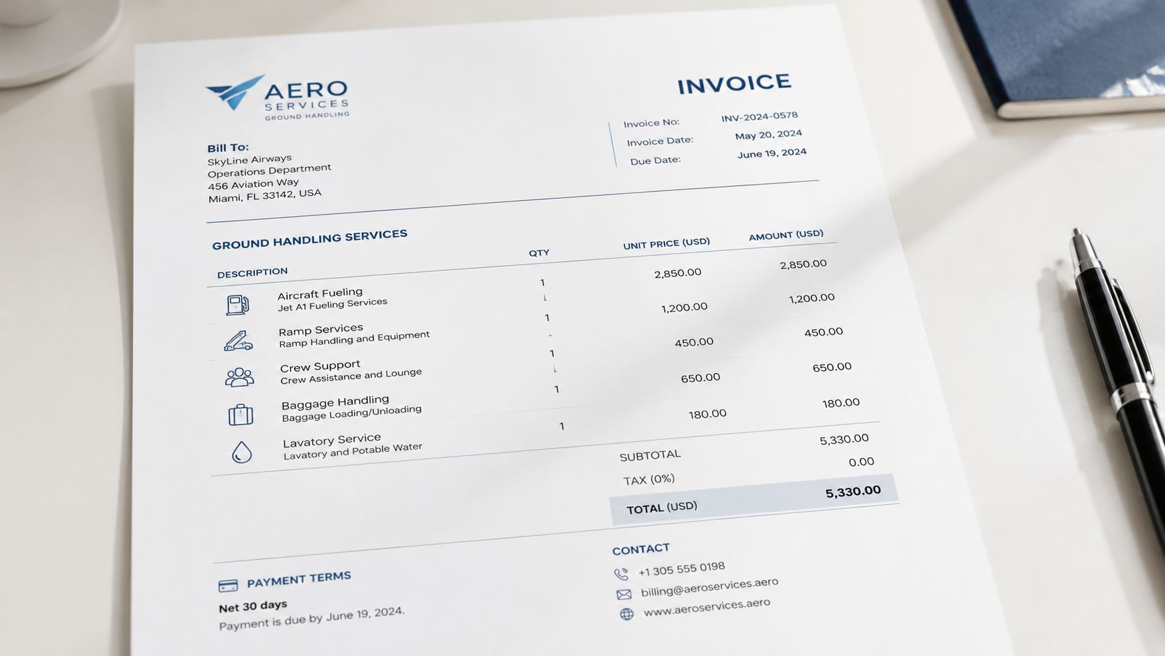A professional paper invoice from Aero Services Ground Handling for aviation services on a desk surface.