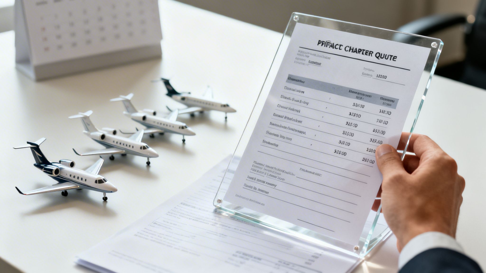 A hand holds a private jet charter quote document on a desk with miniature airplanes and a calendar.