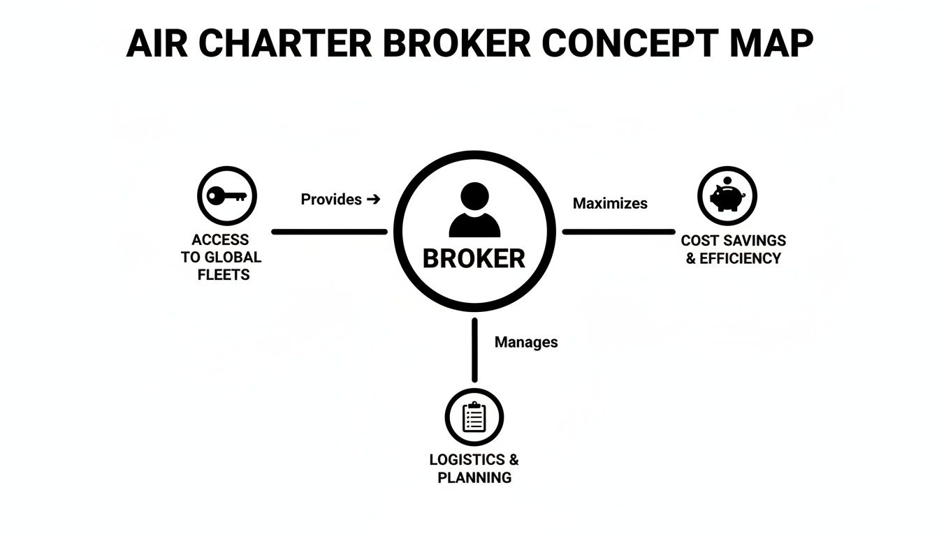 Concept map illustrating an air charter broker's role in providing fleet access, maximizing savings, and managing logistics.