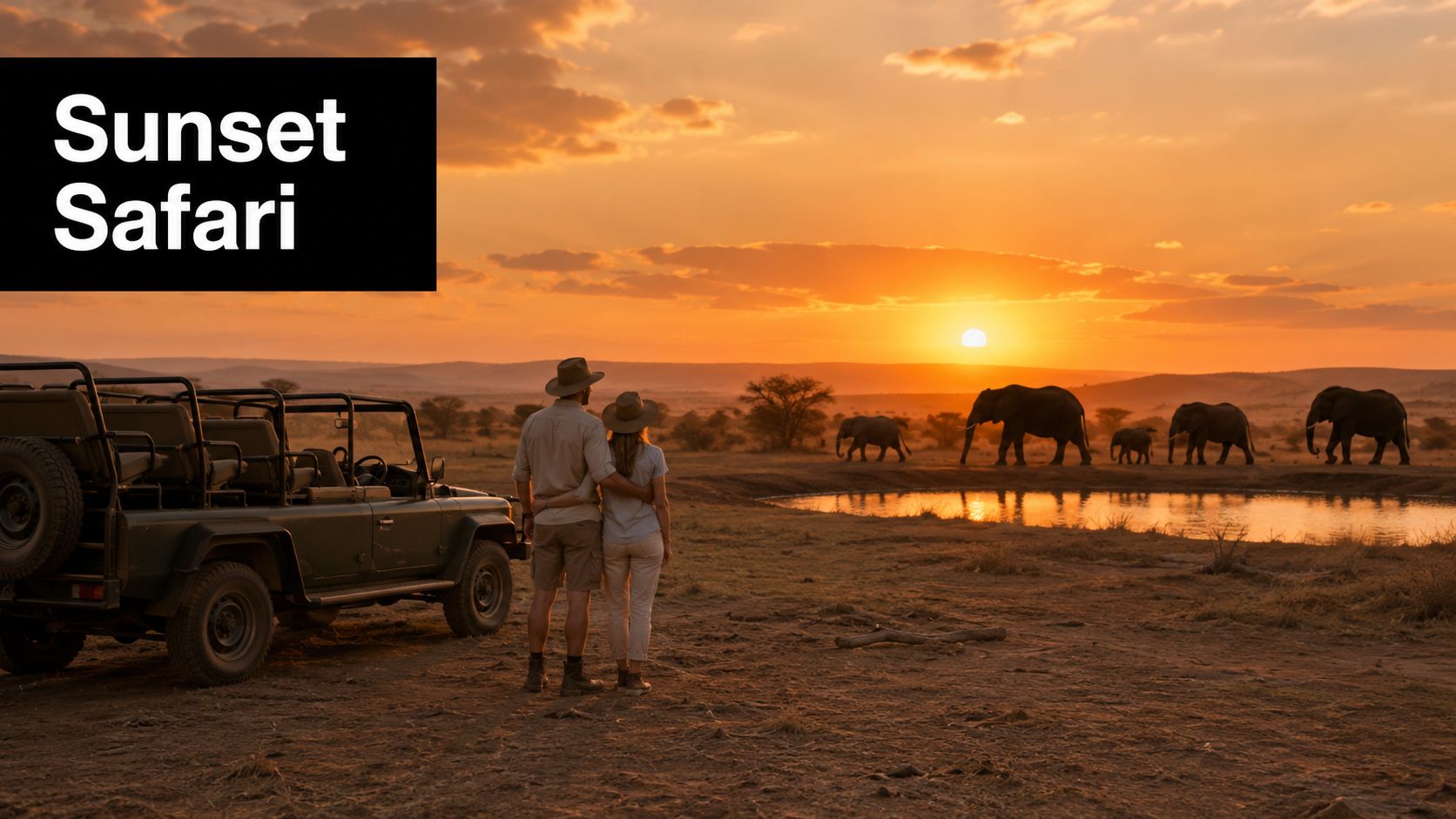 A couple standing by a safari vehicle watching elephants near a waterhole during a beautiful golden sunset.
