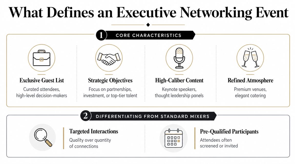 An infographic defining the key characteristics of an executive networking event and how they differ from mixers.