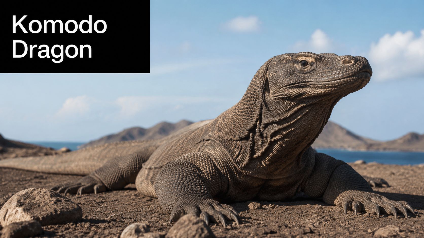 A close-up view of a large Komodo dragon resting on rocky terrain with mountains in the background.