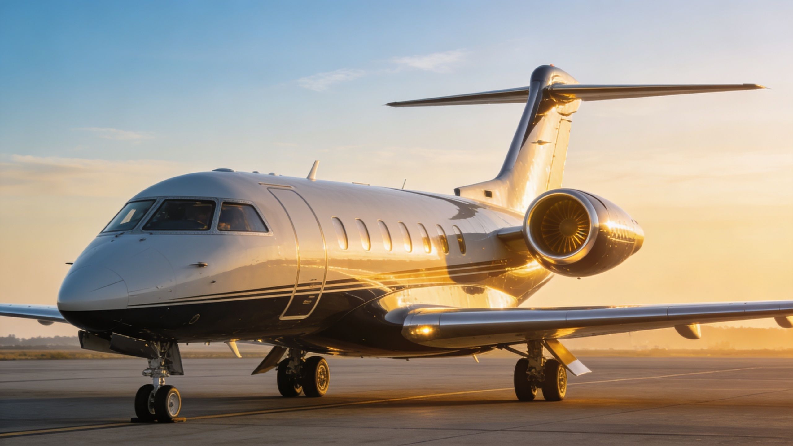 A luxurious private business jet parked on the runway during a beautiful golden sunset.