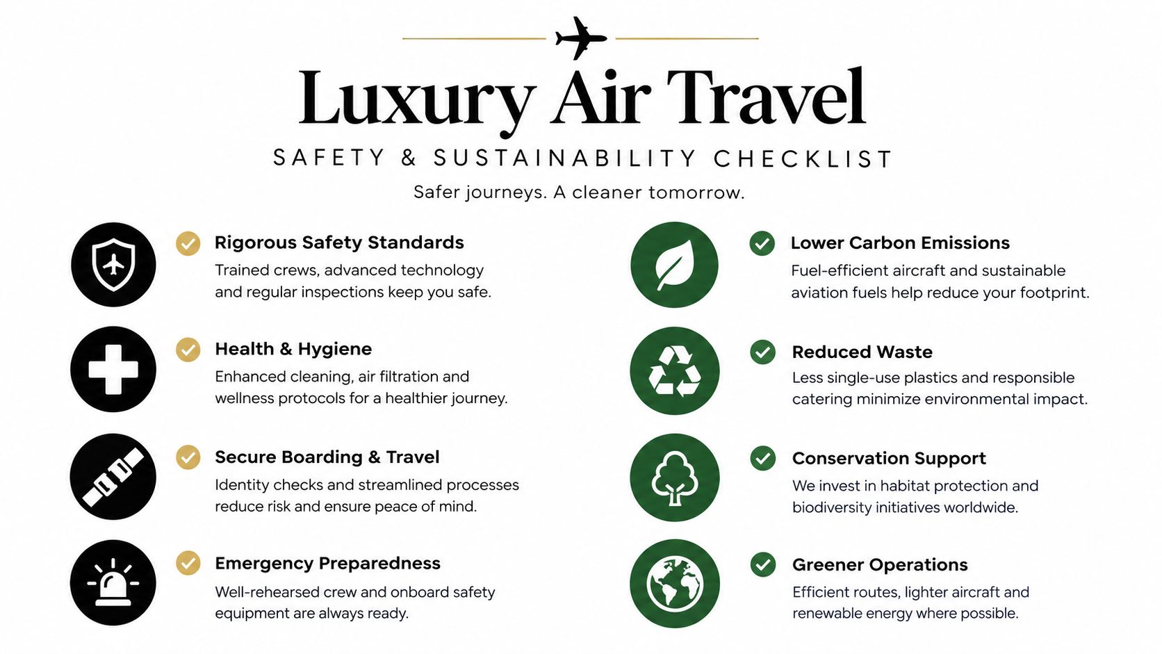 A checklist highlighting safety and sustainability practices in luxury air travel, featuring icons and descriptive text.