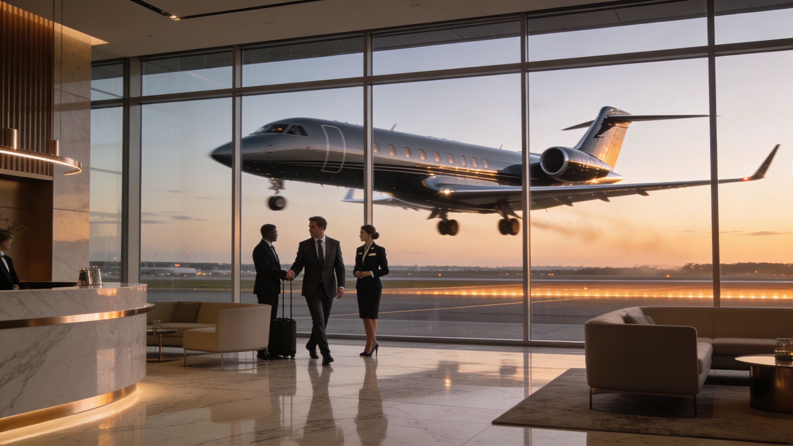 Business professionals meeting in a luxury airport lounge with a private jet taking off in the background.