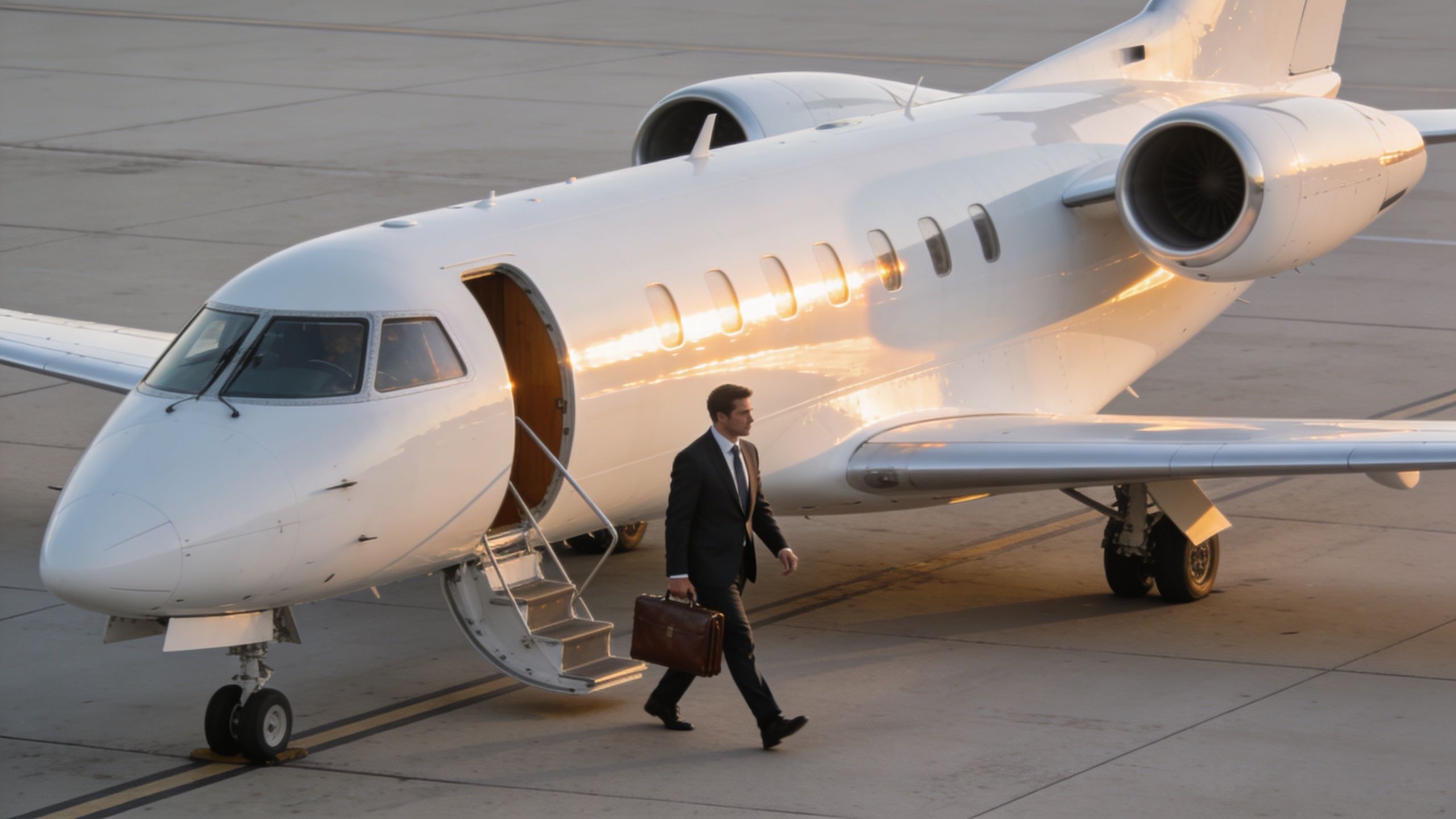 A professional businessman carrying a leather briefcase walking away from a parked private jet on the runway.
