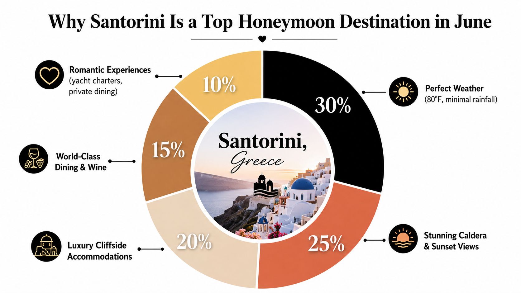 A pie chart infographic titled Why Santorini Is a Top Honeymoon Destination in June featuring travel reasons.