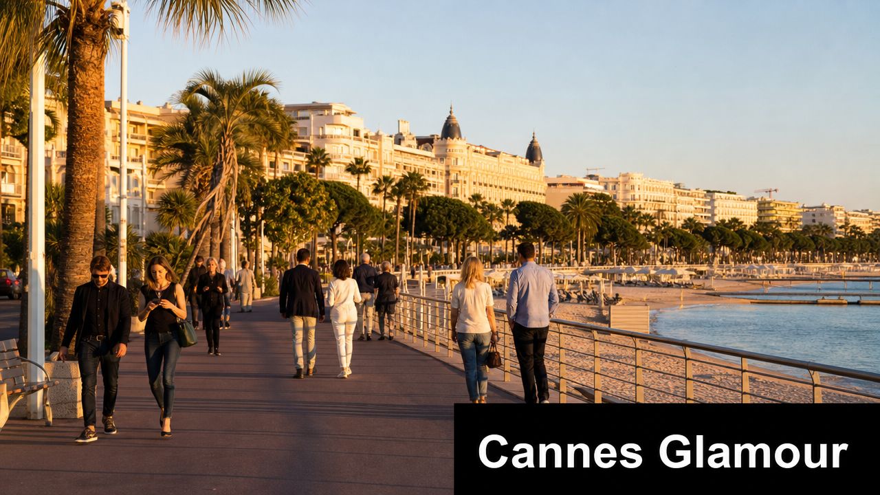 People walking on the Promenade de la Croisette in Cannes with luxury hotels and the beach nearby.