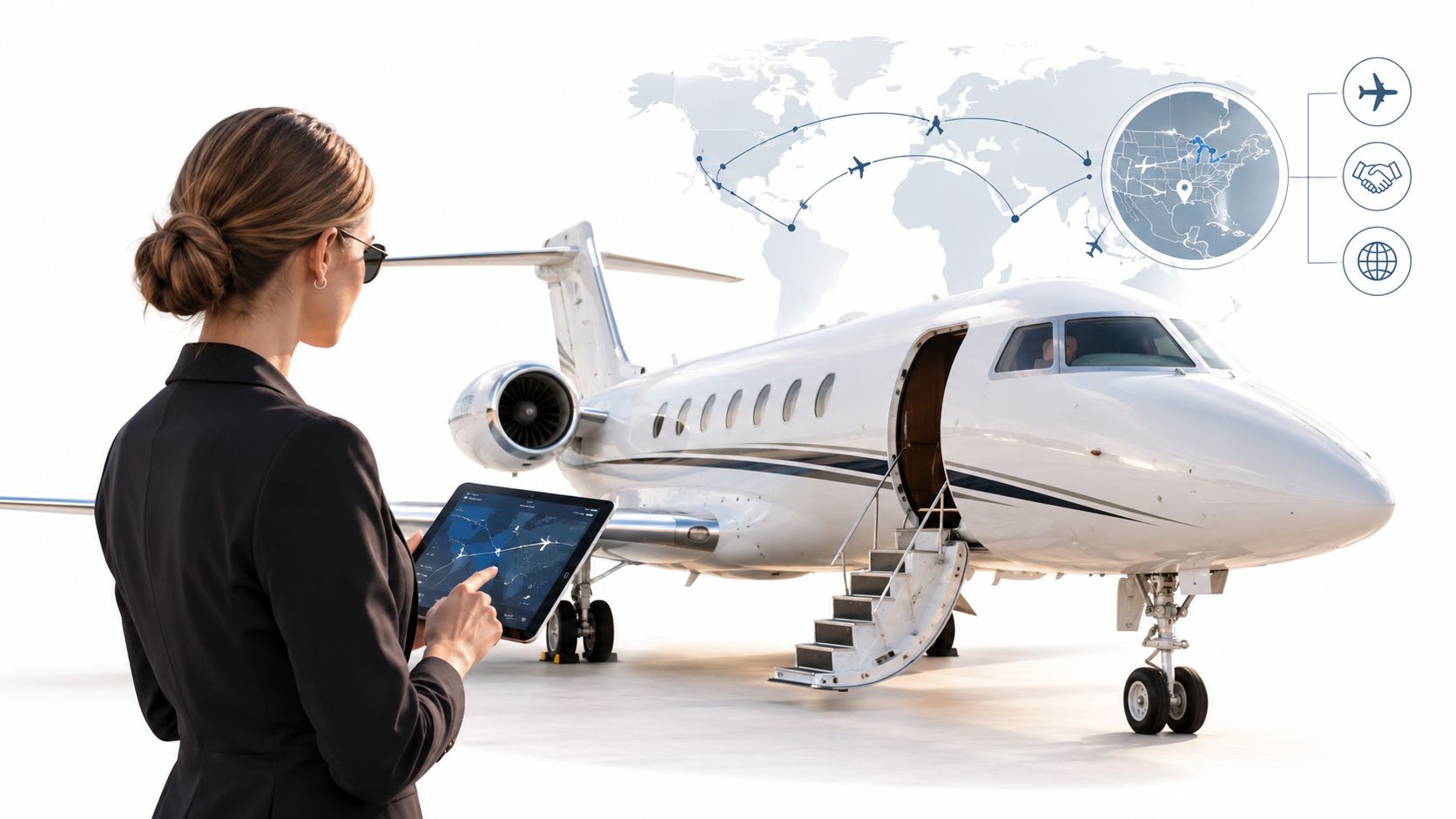 A professional woman uses a digital tablet in front of a private jet with global logistics icons.