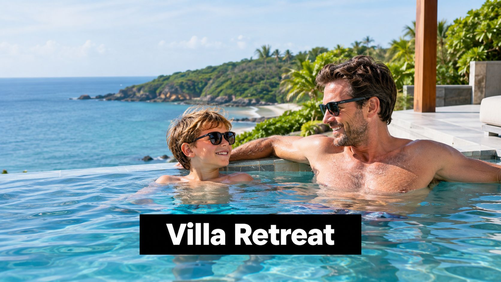 A father and son wearing sunglasses smile while relaxing in an infinity pool overlooking a tropical coastline.